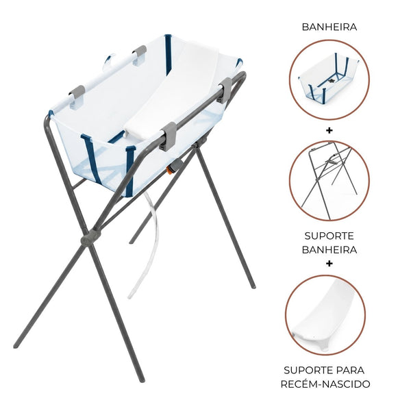 Conjunto Stokke® Flexi Bath® com banheira dobrável, suporte para recém-nascido e suporte para banheira, ideal para um banho confortável e seguro desde o nascimento. Transparent Blue