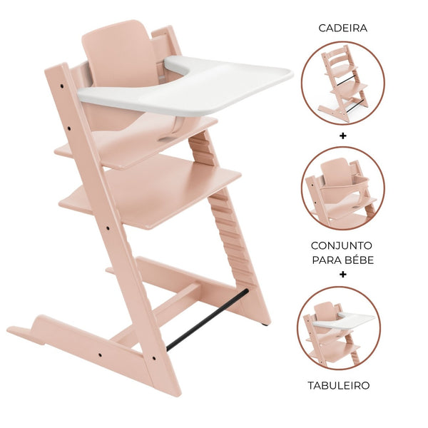 Cadeira Tripp Trapp® com Baby Set² e Tabuleiro Stokke®, cadeira evolutiva em madeira com assento ajustável, ideal para acompanhar o crescimento da criança. Serene pink