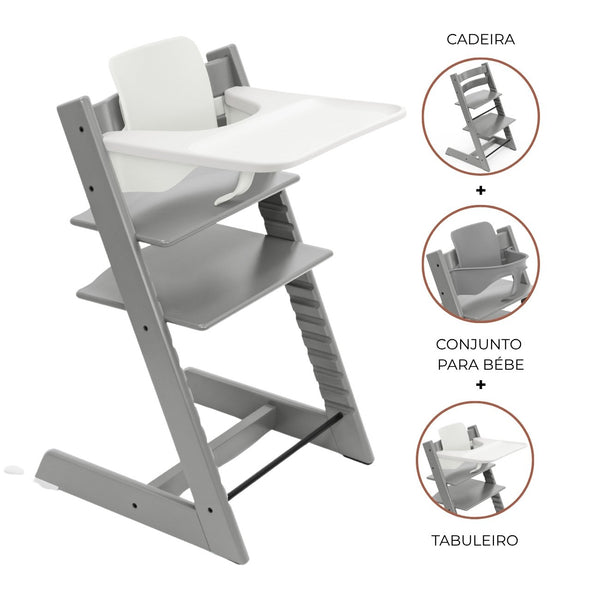 Cadeira Tripp Trapp® com Baby Set² e Tabuleiro Stokke®, cadeira evolutiva em madeira com assento ajustável, ideal para acompanhar o crescimento da criança. Storm grey