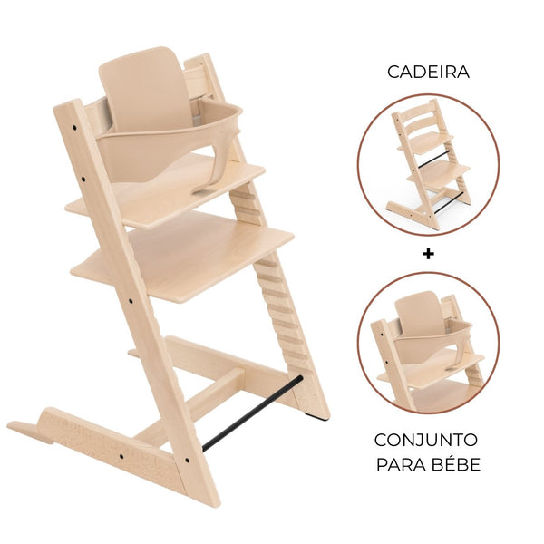 Cadeira evolutiva Stokke Tripp Trapp com Baby Set² para bebé e criança na cor beech natural