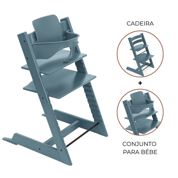 Cadeira evolutiva Stokke Tripp Trapp com Baby Set² para bebé e criança na cor fjord blue