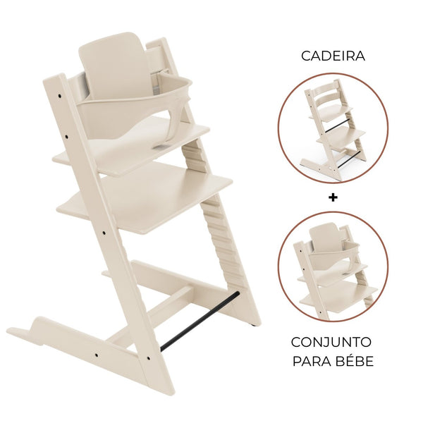 Cadeira evolutiva Stokke Tripp Trapp com Baby Set² para bebé e criança na cor vanilla white