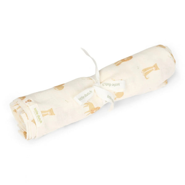 Swaddle Little Dutch 120 × 120 cm em musselina de 100% algodão orgânico, disponível no designn Safari Leo.