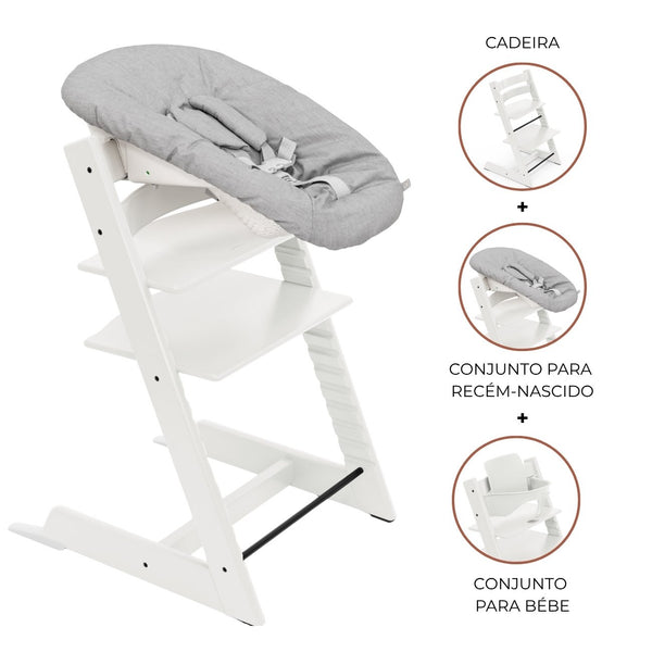 Cadeira Tripp Trapp® com Baby Set² e Newborn Set da Stokke®, solução evolutiva desde o nascimento que acompanha o crescimento da criança até à infância. Beech White