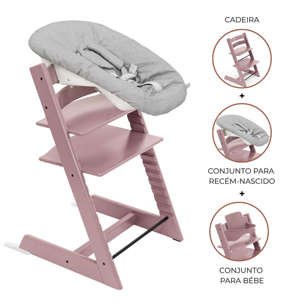 Cadeira Tripp Trapp® com Baby Set² e Newborn Set da Stokke®, solução evolutiva desde o nascimento que acompanha o crescimento da criança até à infância. Heather mauve