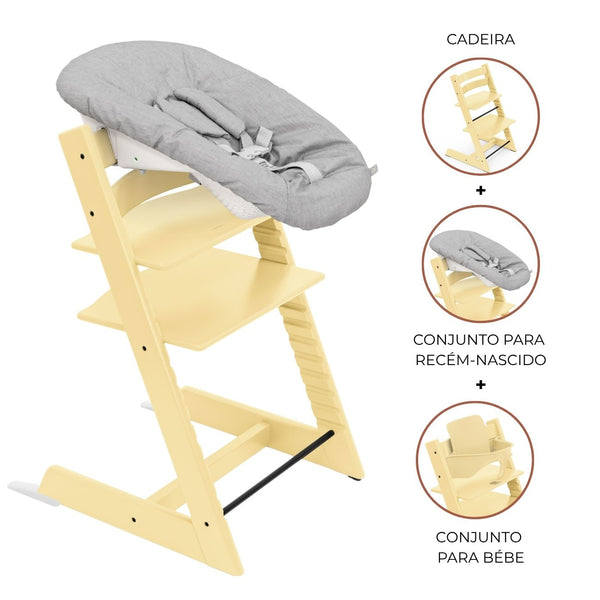 Cadeira Tripp Trapp® com Baby Set² e Newborn Set da Stokke®, solução evolutiva desde o nascimento que acompanha o crescimento da criança até à infância. Lemon Yellow