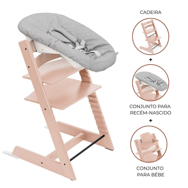 Cadeira Tripp Trapp® com Baby Set² e Newborn Set da Stokke®, solução evolutiva desde o nascimento que acompanha o crescimento da criança até à infância. Serene Pink
