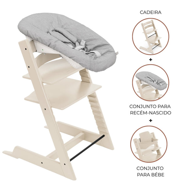 Cadeira Tripp Trapp® com Baby Set² e Newborn Set da Stokke®, solução evolutiva desde o nascimento que acompanha o crescimento da criança até à infância. Vanilla White