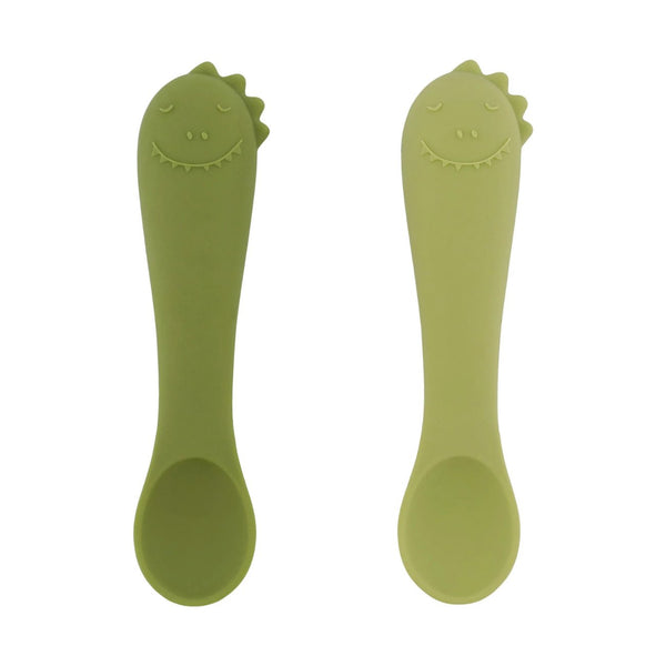 Conjunto de 2 primeiras colheres para bebé em silicone alimentar, macias e ergonómicas, ideais para a introdução alimentar e aprendizagem autónoma Mr. Dino