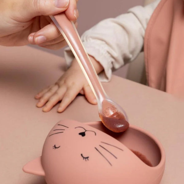 Conjunto de 3 colheres para bebé em silicone alimentar com ponta macia, cabo comprido e design colorido, ideais para as primeiras refeições e introdução alimentar Mr. Cat