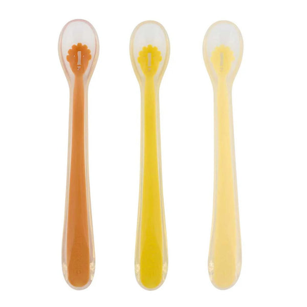 Conjunto de 3 colheres para bebé em silicone alimentar com ponta macia, cabo comprido e design colorido, ideais para as primeiras refeições e introdução alimentar Mr. Lion