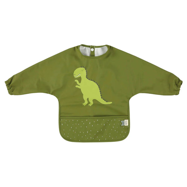Babete impermeável com mangas compridas e bolso recolhe-migalhas, fabricado em poliéster reciclado, ideal para proteger a roupa do bebé durante as refeições e atividades criativas Mr. Dino
