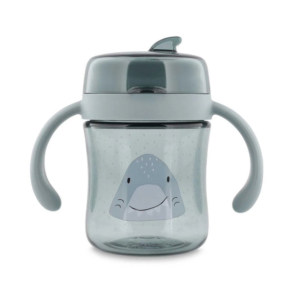 Copo 360º Trixie em Tritan para bebé, com sistema anti-derrame, resistente e fácil de segurar para aprendizagem autónoma da bebida azul mr shark