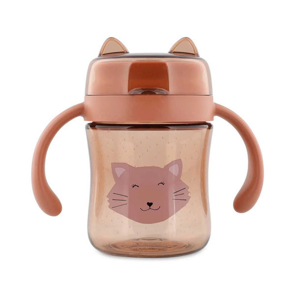Copo 360º Trixie em Tritan para bebé, com sistema anti-derrame, resistente e fácil de segurar para aprendizagem autónoma da bebida rosa Mr cat