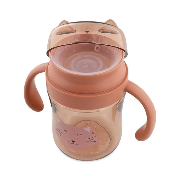 Copo 360º Trixie em Tritan para bebé, com sistema anti-derrame, resistente e fácil de segurar para aprendizagem autónoma da bebida rosa Mr cat