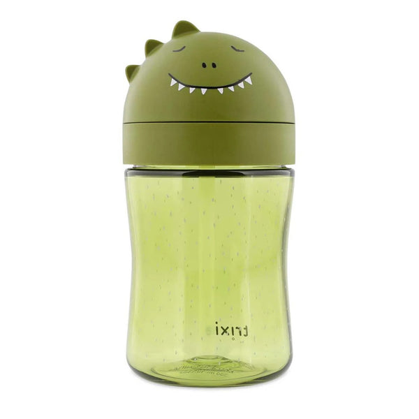 Copo com palhinha Trixie em Tritan para bebé, com sistema anti-derrame, tampa protetora e palhinha em silicone macia cor verde dino