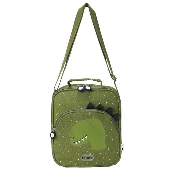 Lancheira térmica Trixie infantil com tiracolo ajustável, compartimento isotérmico e bolso frontal para snacks e acessórios mr dino