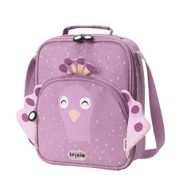 Lancheira térmica Trixie infantil com tiracolo ajustável, compartimento isotérmico e bolso frontal para snacks e acessórios mrs. peacock