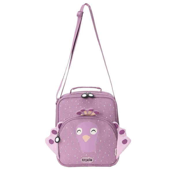 Lancheira térmica Trixie infantil com tiracolo ajustável, compartimento isotérmico e bolso frontal para snacks e acessórios mrs. peacock