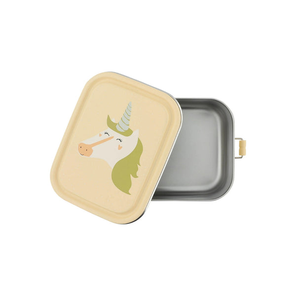 Marmita metálica pequena infantil em aço inoxidável com fechos de silicone, ideal para snacks e pequenas refeições na escola ou passeios
Mrs Unicorn