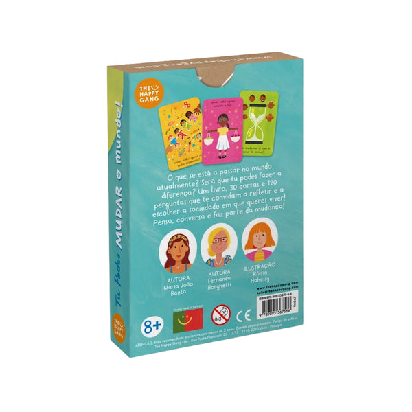 Tu Podes Mudar o Mundo, livro com 30 cartas e 120 perguntas para crianças a partir dos 8 anos, pensado para estimular reflexão e pensamento crítico.