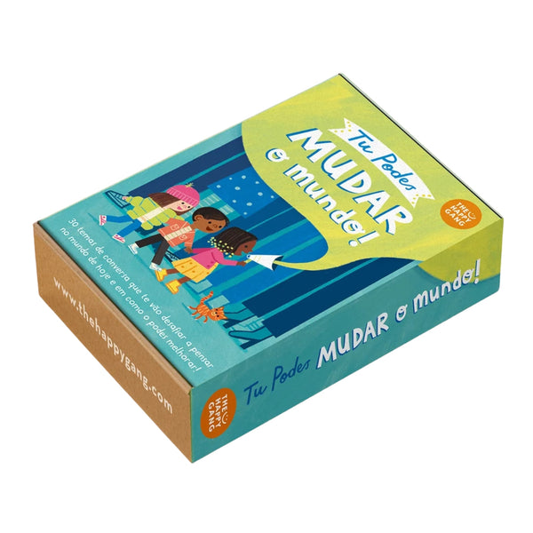 Tu Podes Mudar o Mundo, livro com 30 cartas e 120 perguntas para crianças a partir dos 8 anos, pensado para estimular reflexão e pensamento crítico.