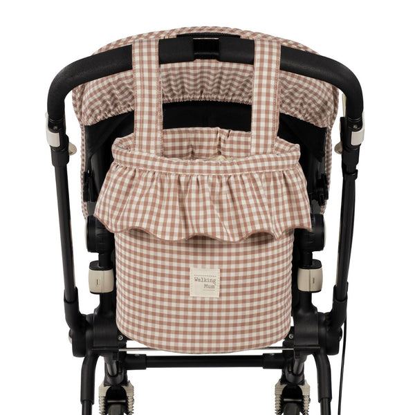 Mala Bucket Praliné Vichy Walking Mum resistente à água com fixação ao carrinho, ideal para transportar os essenciais do bebé durante os passeios. Vermelho