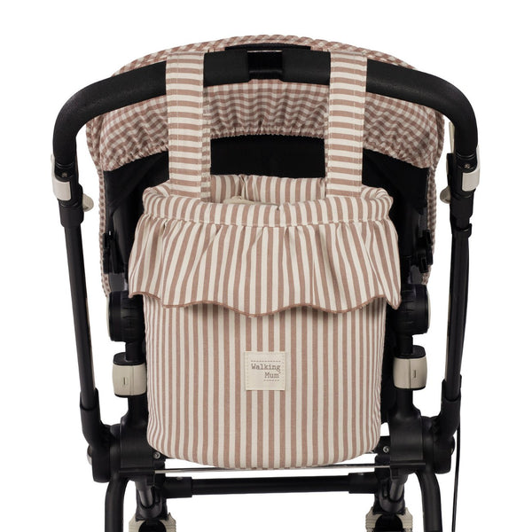 Mala Bucket Praliné Stripes Walking Mum resistente à água com fixação ao carrinho, ideal para transportar os essenciais do bebé durante os passeios. Vermelho