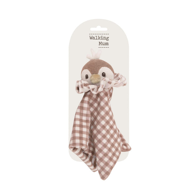 Doudou Penguin Praliné Walking Mum em veludo e malha ultra macia, ideal para confortar e acompanhar o bebé desde o nascimento vermelho.