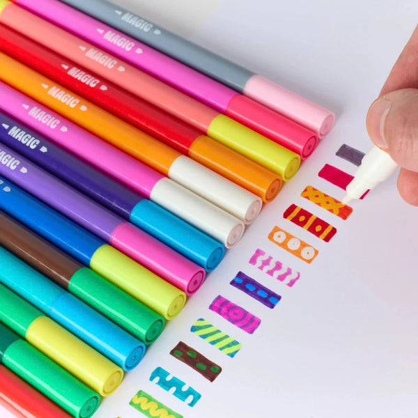 16 Marcadores Mágicos OMY Magic Twist com 14 cores vibrantes e 2 marcadores reveladores para criar efeitos e transformar as cores.