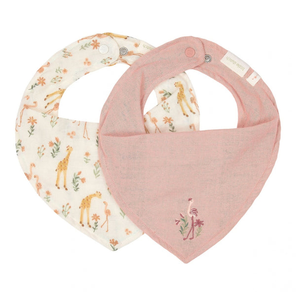 Conjunto de 2 Babetes Bandana Little Dutch em 100% algodão orgânico, disponível nos designs Blooming Safari rosa.