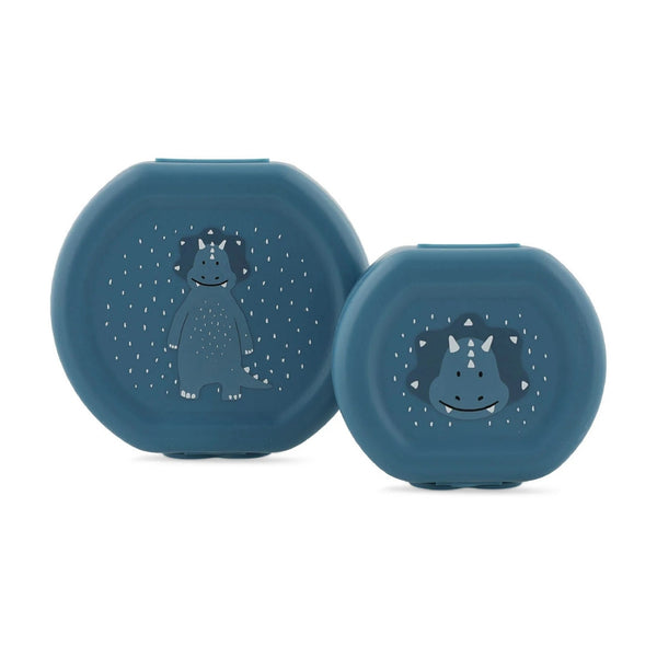 Conjunto de 2 marmitas com clip para crianças, leves e fáceis de abrir, ideais para transportar snacks para a escola, passeios e viagens. Mr Triceratop