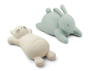 2 brinquedos de banho gato creme e coelho menta