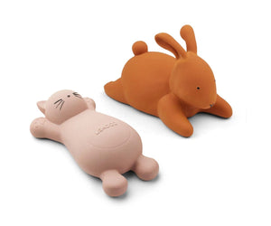 2 brinquedos de banho gato rosa e coelho mostarda