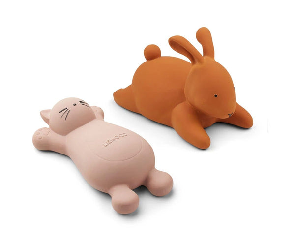 2 brinquedos de banho gato rosa e coelho mostarda