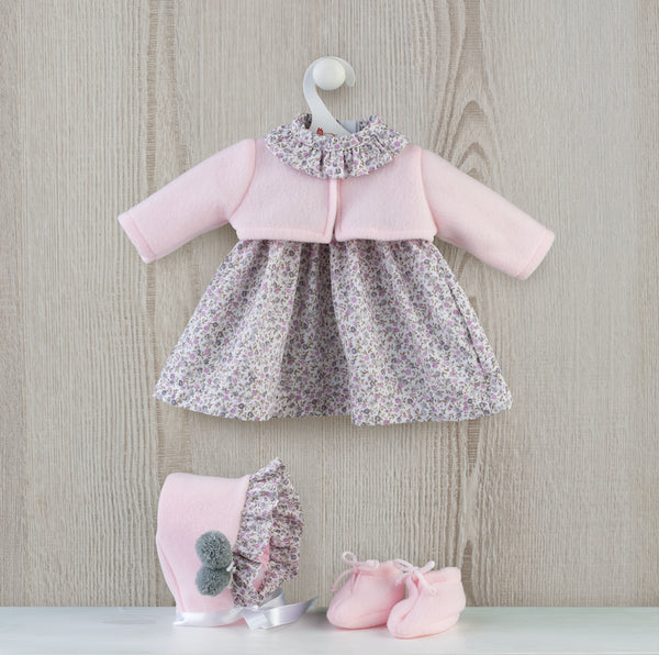 ROUPA PARA LEO - CONJUNTO VESTIDO ROSA COM FLORES, TOUCA E SAPATOS