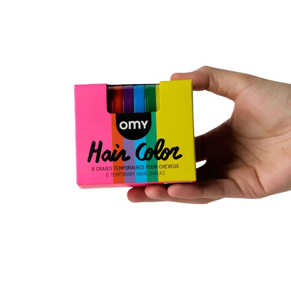 Conjunto de 6 colorações temporárias para cabelo em giz nas cores rosa, vermelho, roxo, azul, verde e amarelo, fáceis de aplicar e remover.