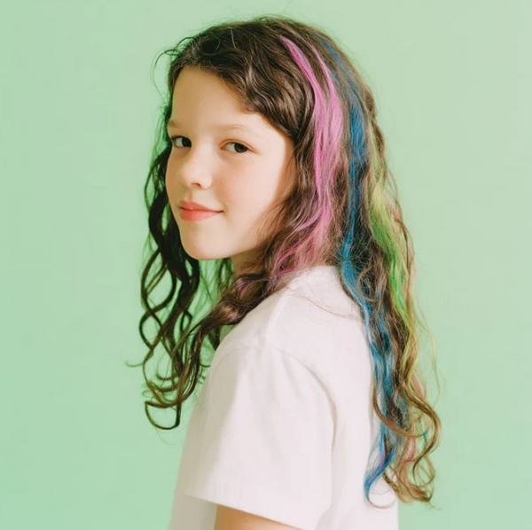 Conjunto de 6 colorações temporárias para cabelo em giz nas cores rosa, vermelho, roxo, azul, verde e amarelo, fáceis de aplicar e remover.