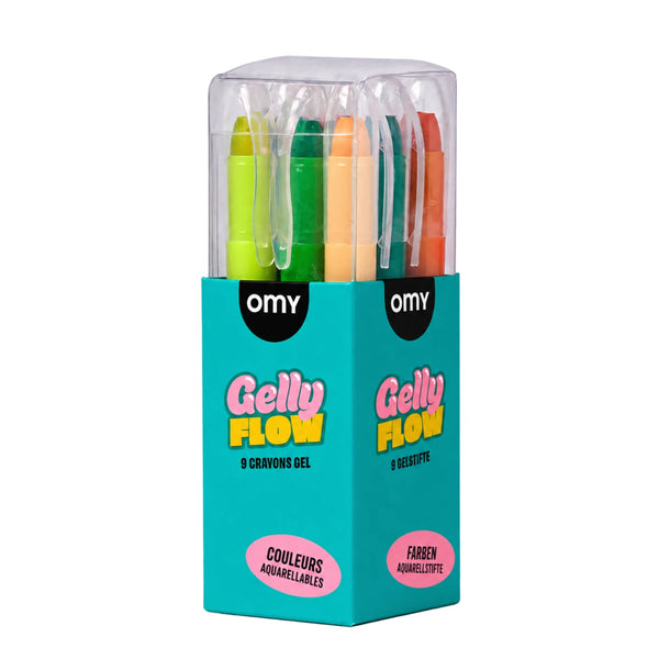 9 Lápis de Gel OMY Gelly Flow com textura ultra suave e cores vivas, brilhantes e opacas para desenhar e colorir.