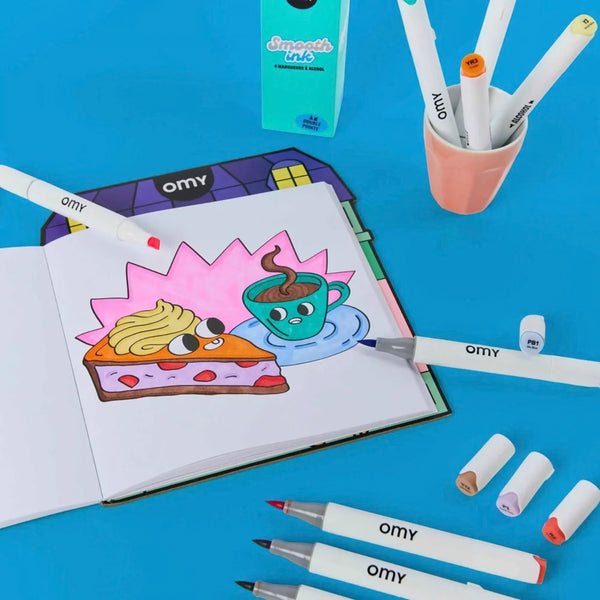 9 Marcadores de Álcool OMY Smooth Ink com cores intensas e ponta dupla fina e biselada para degradés, detalhes e efeitos artísticos.