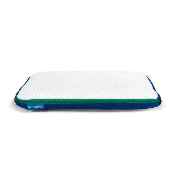 Almofada Média Infantil AeroSleep 35 × 50 cm, com tecnologia respirável 3D, núcleo de espuma fria, altura ajustável e capa amovível lavável.