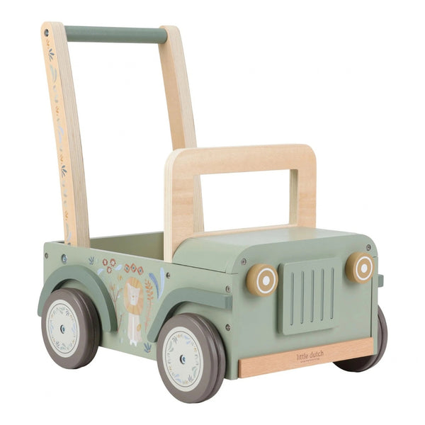 Andarilho Safari Little Dutch em madeira verde com rodas de borracha e espaço para transportar bonecas, peluches e brinquedos.
