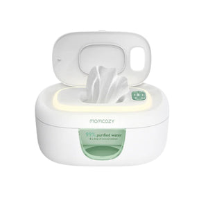 Aquecedor de Toalhitas Momcozy com sistema de aquecimento superior, mola interna removível, vedação em silicone e luz noturna regulável com 3 intensidades.