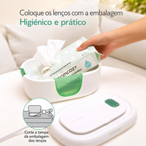 Aquecedor de Toalhitas Momcozy com sistema de aquecimento superior, mola interna removível, vedação em silicone e luz noturna regulável com 3 intensidades.