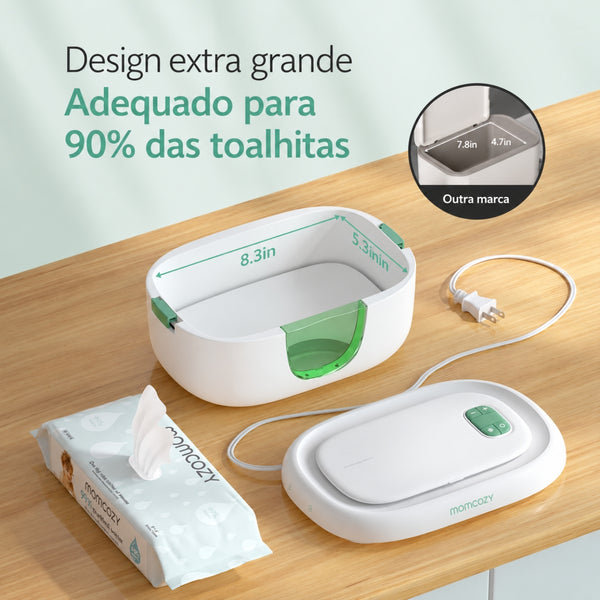 Aquecedor de Toalhitas Momcozy com sistema de aquecimento superior, mola interna removível, vedação em silicone e luz noturna regulável com 3 intensidades.