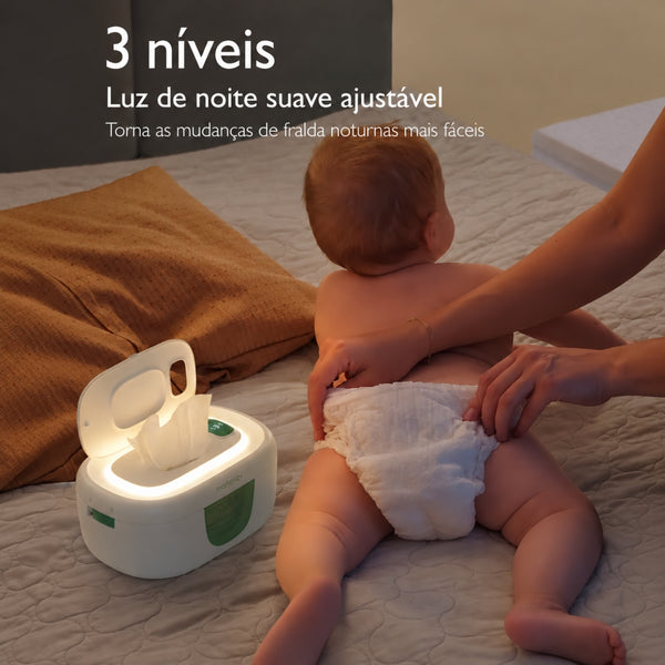 Aquecedor de Toalhitas Momcozy com sistema de aquecimento superior, mola interna removível, vedação em silicone e luz noturna regulável com 3 intensidades.