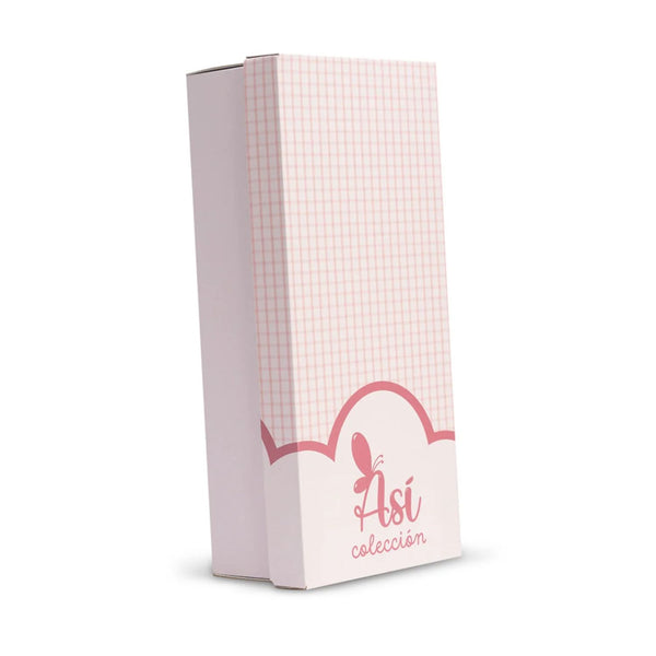 Caixa da boneca Maria de 43cm para crianças da Asi com conjunto rosa com orelhas