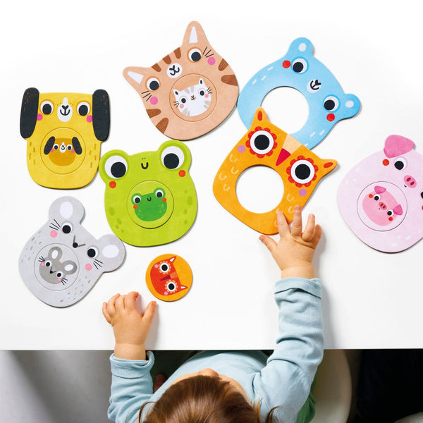 Primeiros Puzzles infantis com 7 puzzles e 14 peças para crianças a partir dos 12 meses, ideais para estimular a observação e coordenação motora. Mini Me