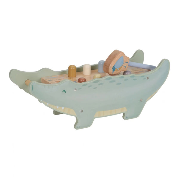 Banco de Martelar Crocodilo Little Dutch em madeira com barras coloridas móveis e martelo em forma de pássaro para crianças a partir dos 12 meses.