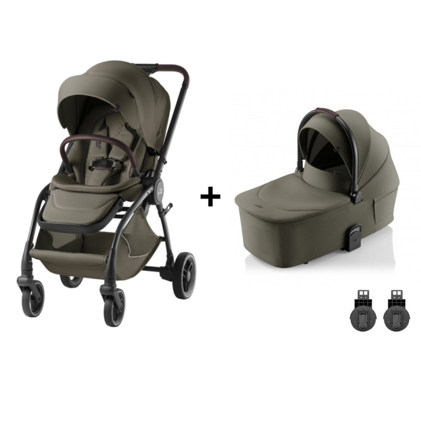BRITAX RÖMER RIO LUX + ALCOFA com carrinho leve e compacto Rio Lux, alcofa ergonómica com colchão acolchoado, capota UPF 50+ e adaptadores incluídos. Sistema de passeio desde o nascimento até aos 22 kg. Urban Olive